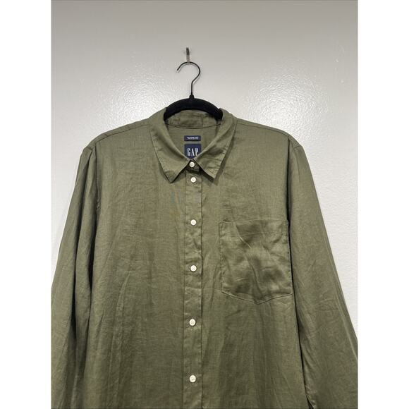 GAP Green Linen Boyfriend Shirt Women’s Size Large Button Front Long Sleeve Boho - Picture 2 of 7